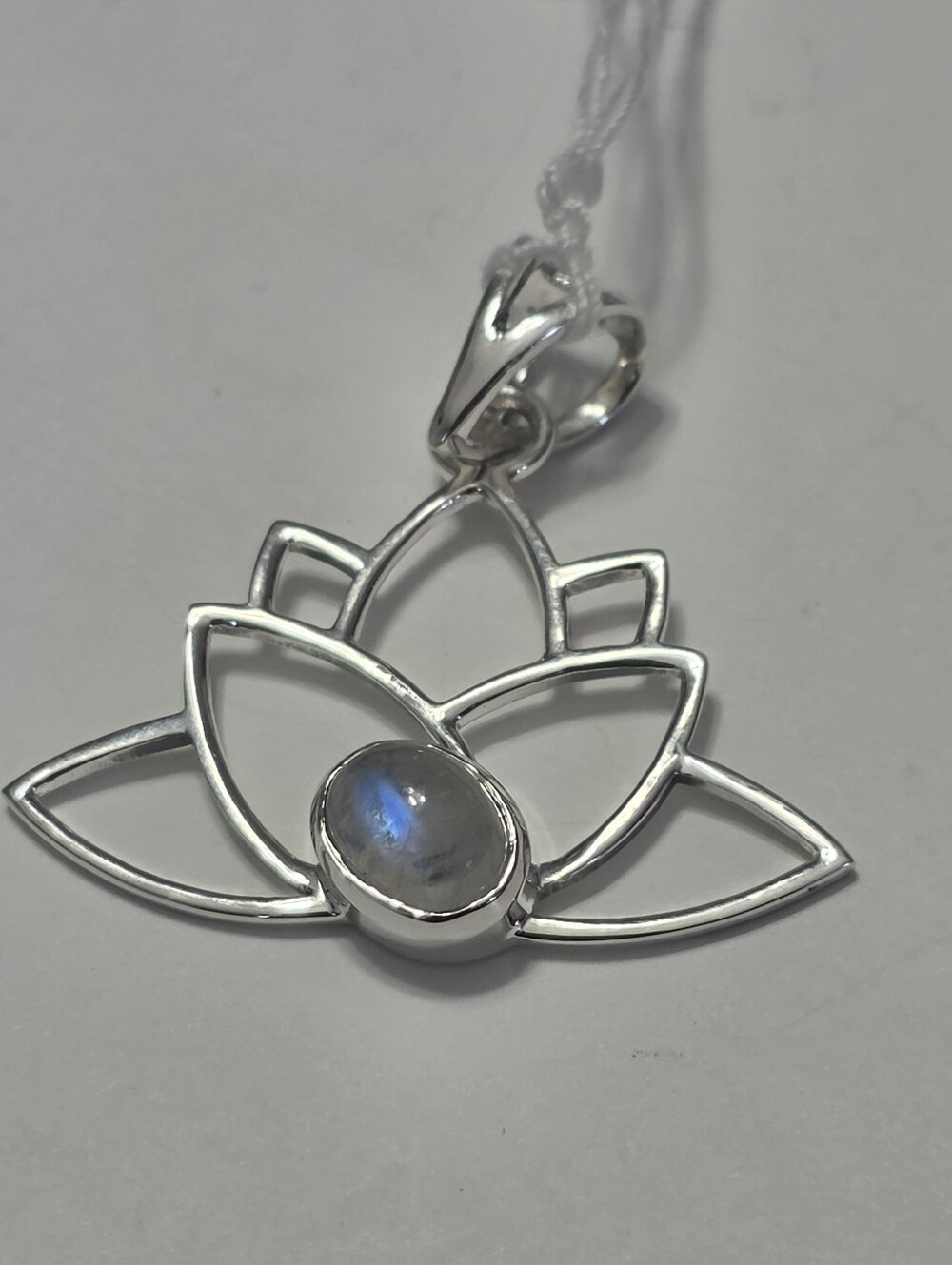 Sterling Silver Lotus Pendant Necklace with Blue Flash Moonstone